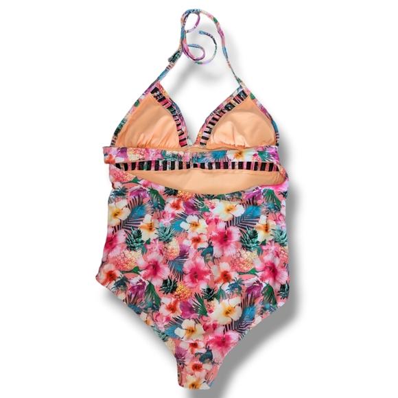 OP One Piece Swimsuit Bathing Suit Tropical Floral Cut Out Detail Vintage Size M - Picture 3 of 7